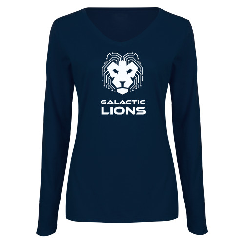  Womens Navy Long Sleeve V Neck Tee  - LA Robotics - Galactic Lions Vertical