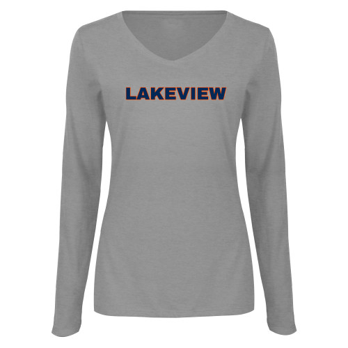  Womens Grey Long Sleeve V Neck Tee  - Lakeview
