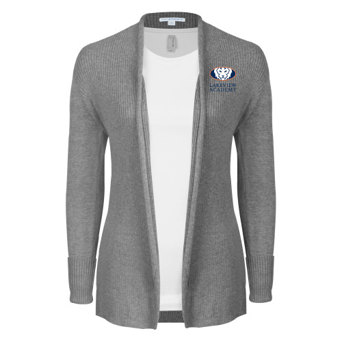  Womens Heather Grey Open Front Cardigan Sweater - Lakeview Academy w Oval Lion Stacked