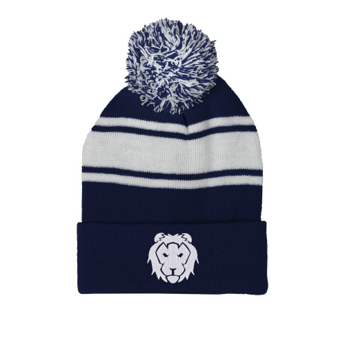  Navy/White Two Tone Knit Pom Beanie w/Cuff - Lion