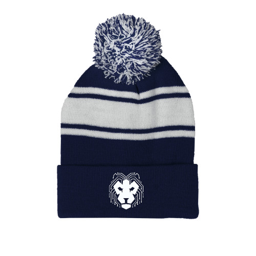  Navy/White Two Tone Knit Pom Beanie w/Cuff - LA Robotics Mark