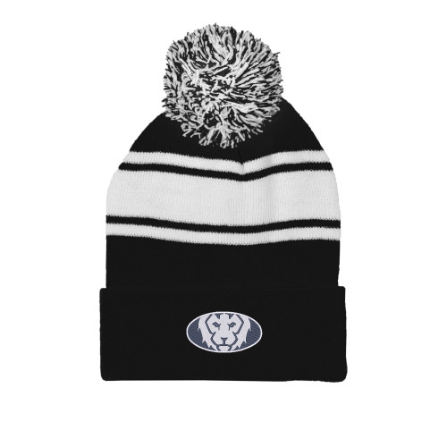  Black/White Two Tone Knit Pom Beanie w/Cuff - Oval Lion
