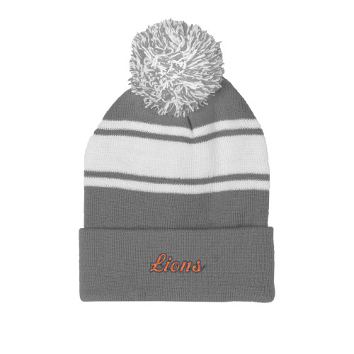  Grey/White Two Tone Knit Pom Beanie w/Cuff - Lion
