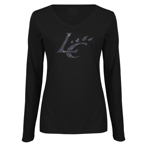  Womens Black Long Sleeve V Neck Tee  - F Graphite Soft Glitter