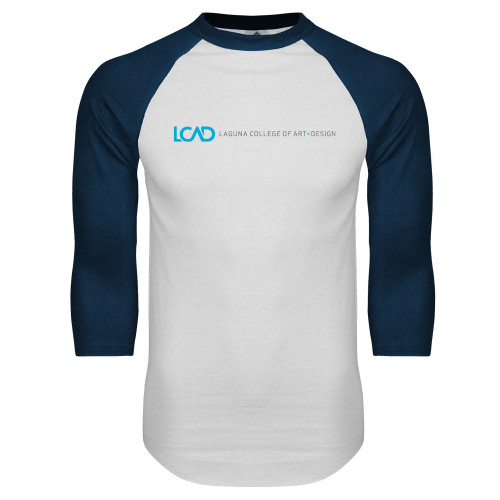  White/Navy Raglan Baseball T Shirt - Centered Lock Up