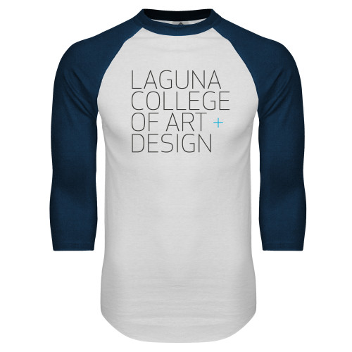  White/Navy Raglan Baseball T Shirt - Wordmark Stacked