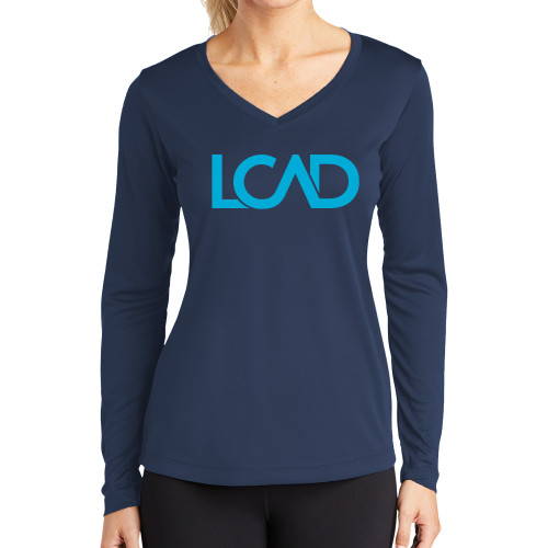  Womens Navy Performance Long Sleeve V Neck Shirt - Primary Mark