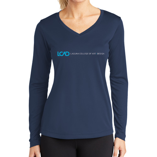  Womens Navy Performance Long Sleeve V Neck Shirt - Centered Lock Up