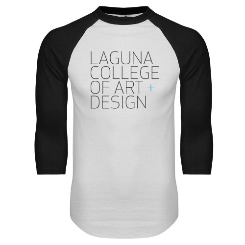  White/Black Raglan Baseball T Shirt - Wordmark Stacked