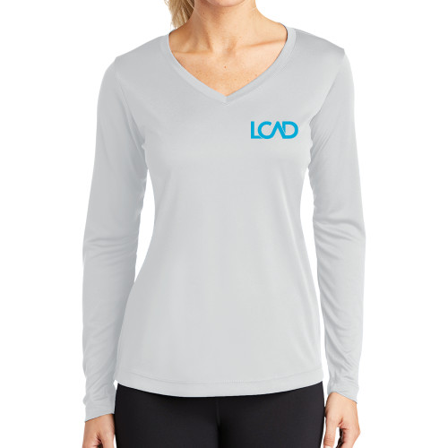  Womens White Performance Long Sleeve V Neck Shirt - Primary Mark