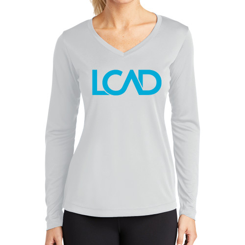  Womens White Performance Long Sleeve V Neck Shirt - Primary Mark