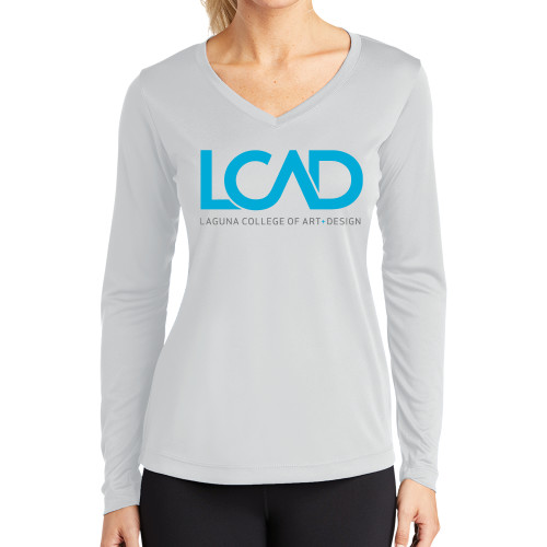  Womens White Performance Long Sleeve V Neck Shirt - Full Mark