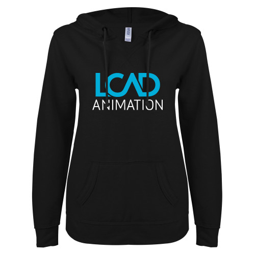  ENZA Womens Black V Notch Raw Edge Fleece Hoodie - Animation