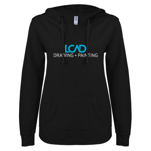  ENZA Womens Black V Notch Raw Edge Fleece Hoodie - Drawing + Painting