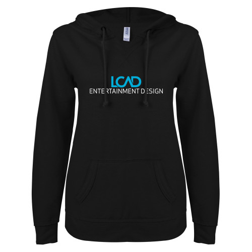  ENZA Womens Black V Notch Raw Edge Fleece Hoodie - Entertainment Design