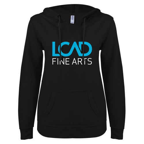  ENZA Womens Black V Notch Raw Edge Fleece Hoodie - Fine Arts