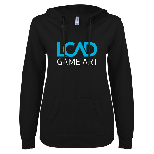  ENZA Womens Black V Notch Raw Edge Fleece Hoodie - Game Art