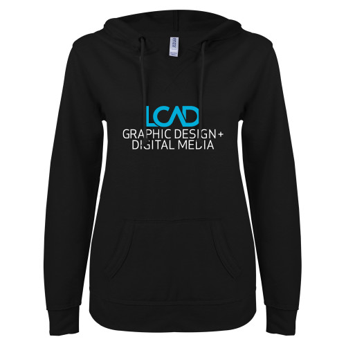  ENZA Womens Black V Notch Raw Edge Fleece Hoodie - Graphic Design + Digital Media