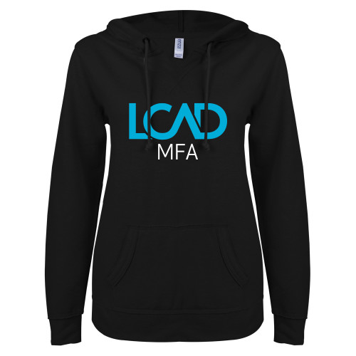  ENZA Womens Black V Notch Raw Edge Fleece Hoodie - MFA