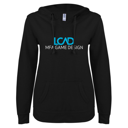  ENZA Womens Black V Notch Raw Edge Fleece Hoodie - MFA Game Design