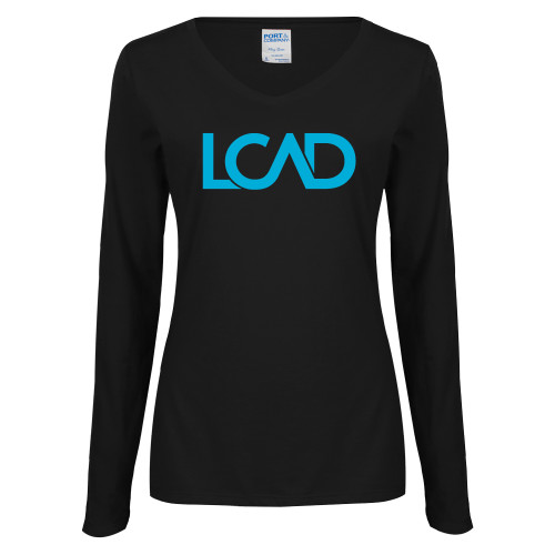  Womens Black Long Sleeve V Neck Tee  - Primary Mark