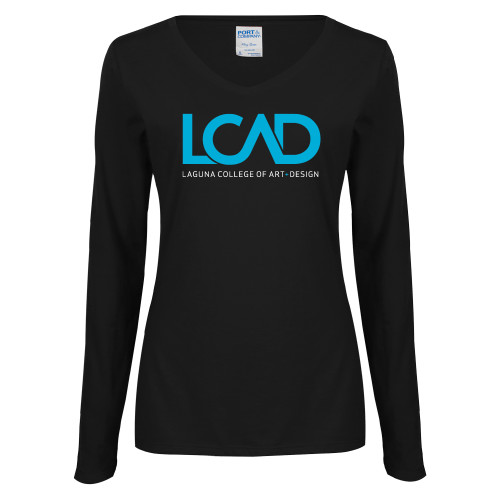  Womens Black Long Sleeve V Neck Tee  - Full Mark