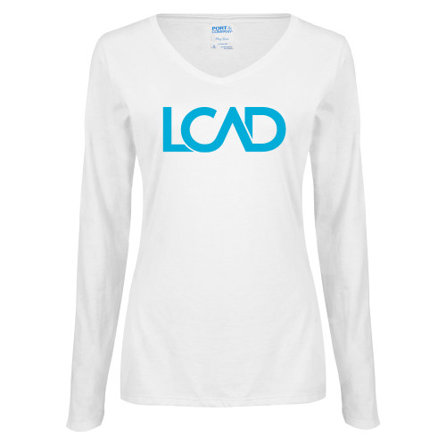  Womens White Long Sleeve V Neck Tee - Primary Mark