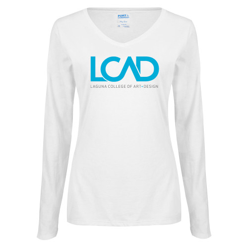 Womens White Long Sleeve V Neck Tee - Full Mark
