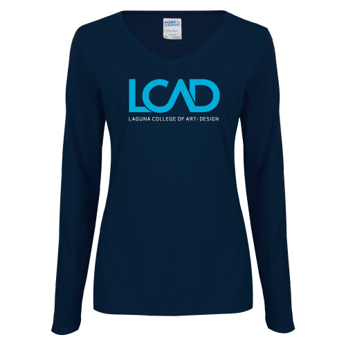  Womens Navy Long Sleeve V Neck Tee - Full Mark