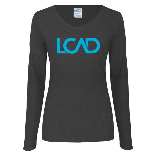  Womens Dark Heather Long Sleeve V Neck Tee  - Primary Mark