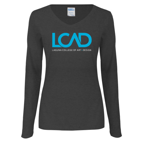  Womens Dark Heather Long Sleeve V Neck Tee  - Full Mark