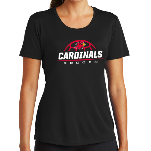  Womens Black Performance Tee - Soccer Half Ball Design