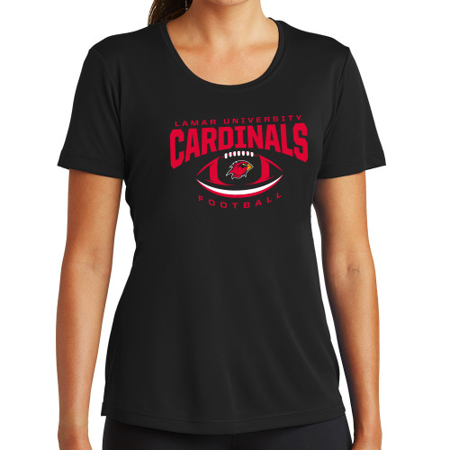  Womens Black Performance Tee - Football Arched Over Ball