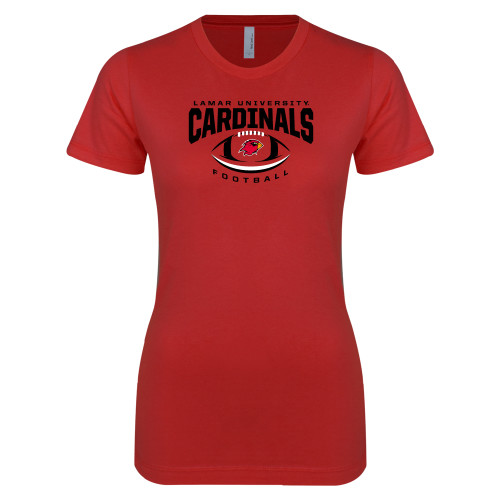  Next Level Womens Red Boyfriend Tee - Football Arched Over Ball