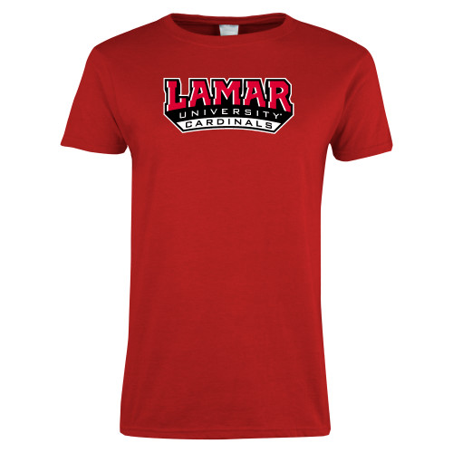  Womens Short Sleeve Red Tee - Lamar University Cardinal Stacked