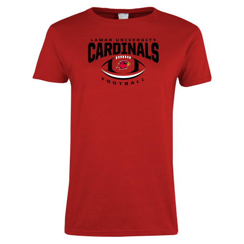  Womens Short Sleeve Red Tee - Football Arched Over Ball