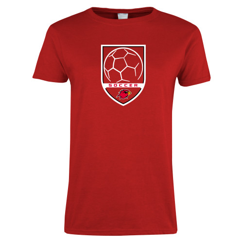  Womens Short Sleeve Red Tee - Soccer Shield Design