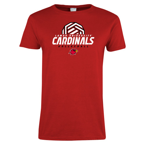  Womens Short Sleeve Red Tee - Geometric Volleyball Design