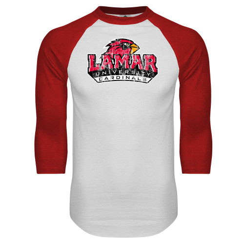  White/Red Raglan Baseball T Shirt - Primary Mark Distressed