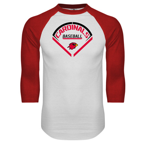  White/Red Raglan Baseball T Shirt - Baseball Geometric Plate