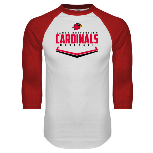  White/Red Raglan Baseball T Shirt - Baseball Plate Design