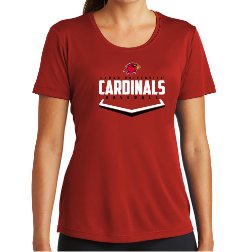  Womens Red Performance Short Sleeve Tee - Baseball Plate Design