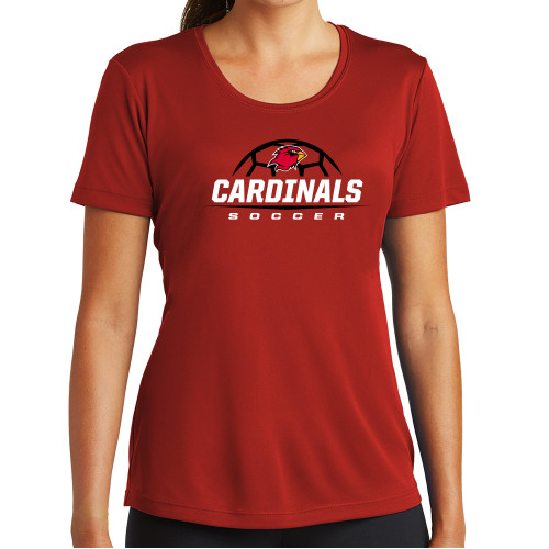  Womens Red Performance Short Sleeve Tee - Soccer Half Ball Design