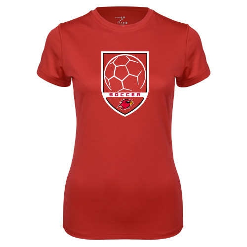  Womens Red Performance Short Sleeve Tee - Soccer Shield Design