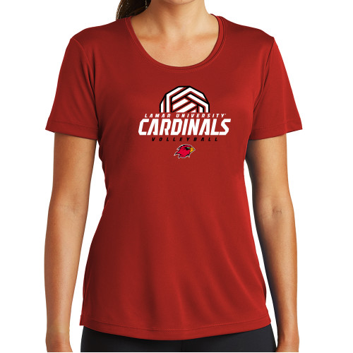  Womens Red Performance Short Sleeve Tee - Geometric Volleyball Design