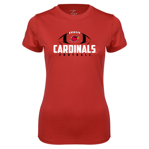  Womens Red Performance Short Sleeve Tee - Football Stacked Ball Design