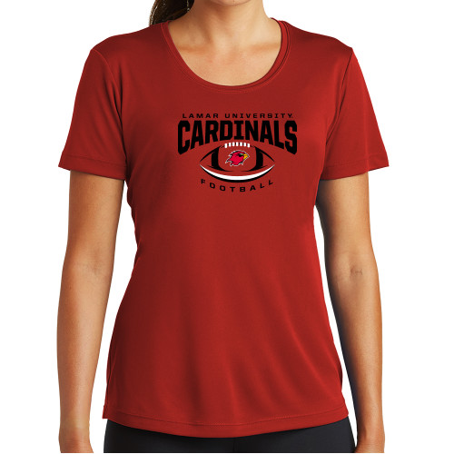  Womens Red Performance Short Sleeve Tee - Football Arched Over Ball