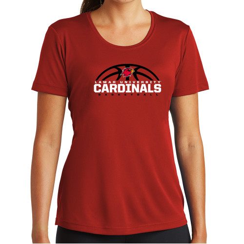  Womens Red Performance Short Sleeve Tee - Half Ball Basketball Design