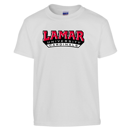  Youth White T Shirt - Lamar University Cardinal Stacked