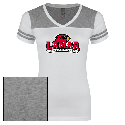  Womens White/Heather Grey Varsity V Neck Tee  - Primary Mark